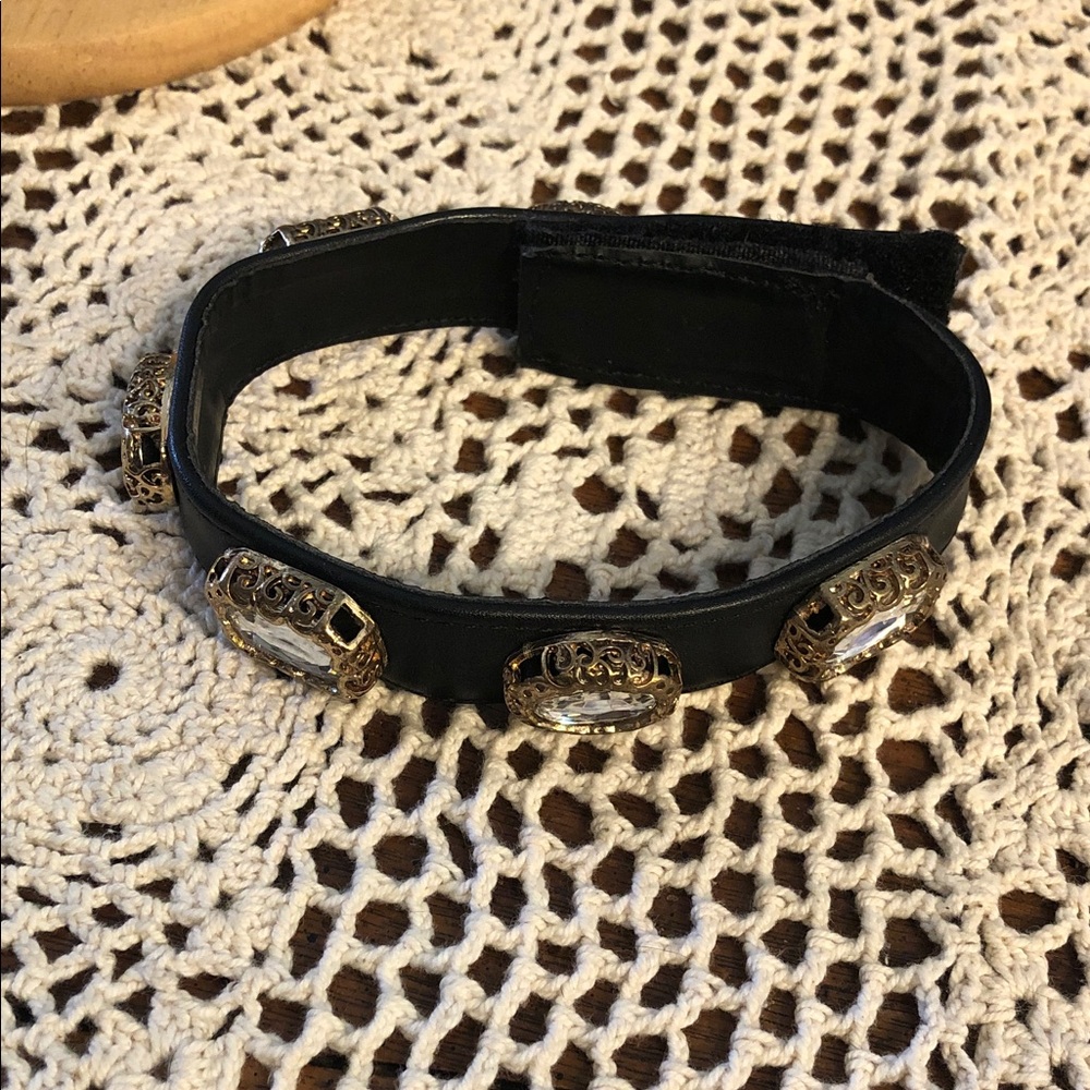 Black Velvet Choker with Gold Filigree and Clear Crystal Accents